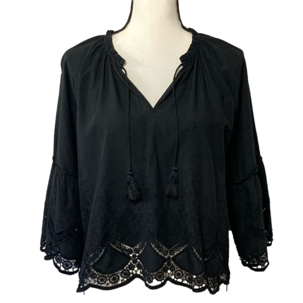 Cupcakes and Cashmere Boxy Cropped Bell Sleeve Embroidered Floral Eyelet Hem Top